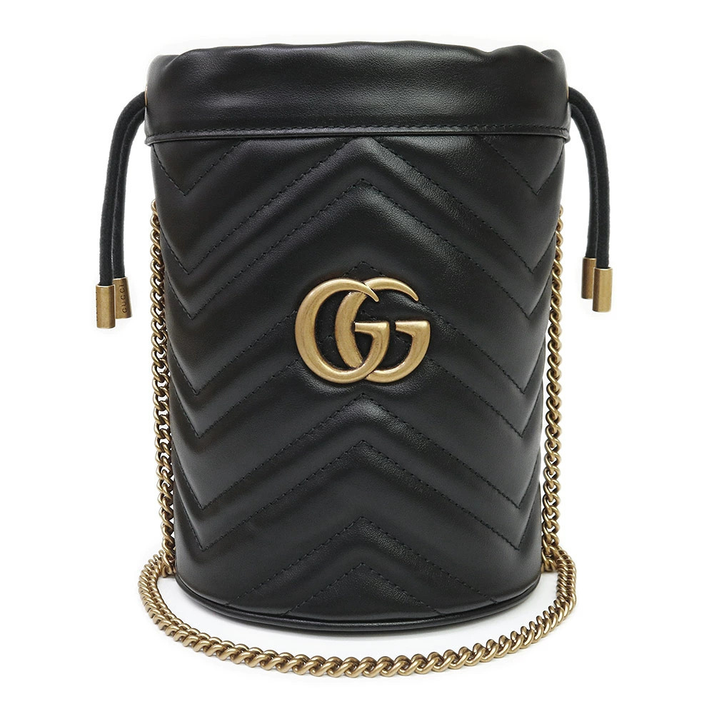 Gucci Bucket Bag GG Marmont Quilted Chain Chevron Black Crossbody Leather